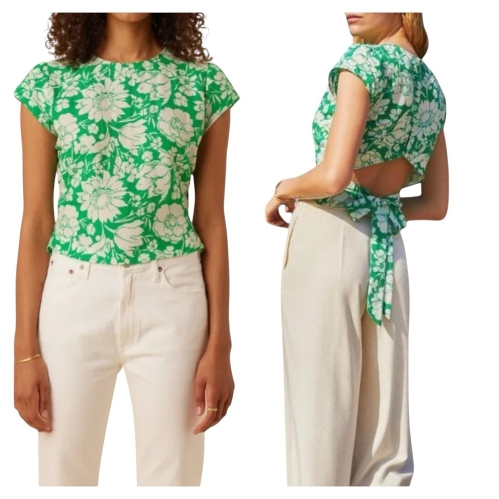 Amour Vert New Green and White Tie Back Blouse Size Medium